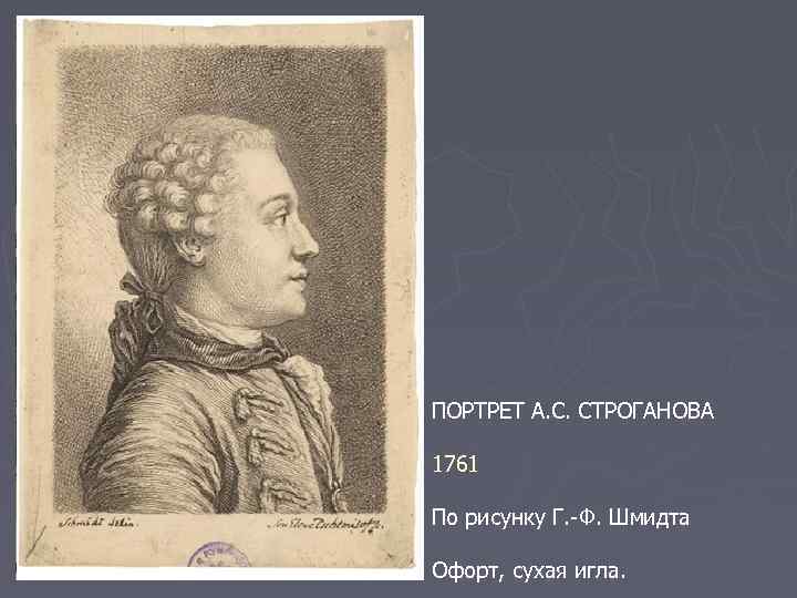 ПОРТРЕТ А. С. СТРОГАНОВА 1761 По рисунку Г. -Ф. Шмидта Офорт, сухая игла. 