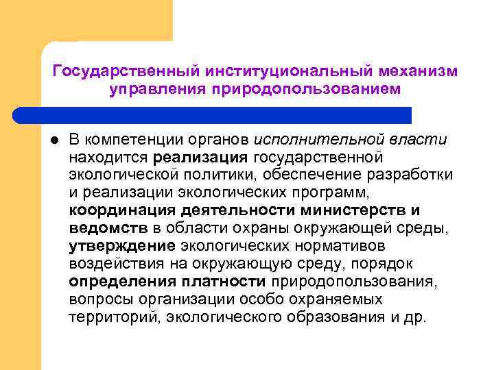 Государственный институциональный механизм управления природопользованием l В компетенции органов исполнительной власти находится реализация государственной