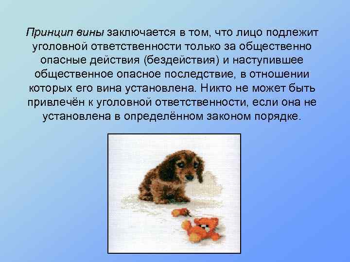 Принцип вины заключается в том, что лицо подлежит уголовной ответственности только за общественно опасные