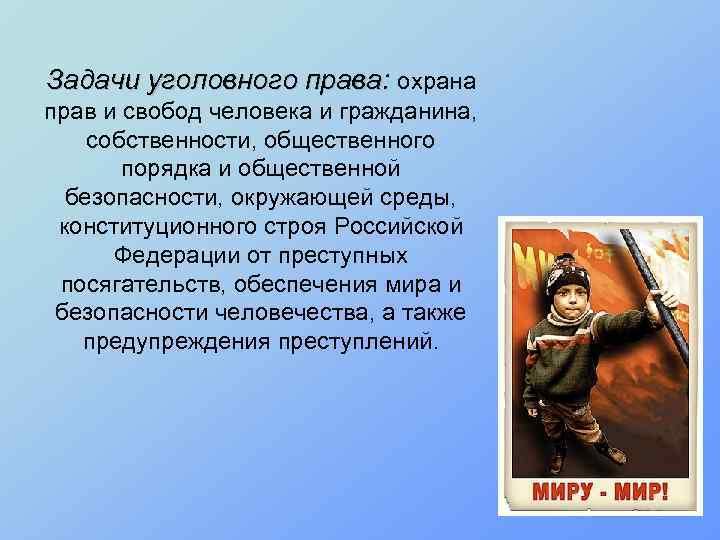 Задачи уголовного права: охрана прав и свобод человека и гражданина, собственности, общественного порядка и