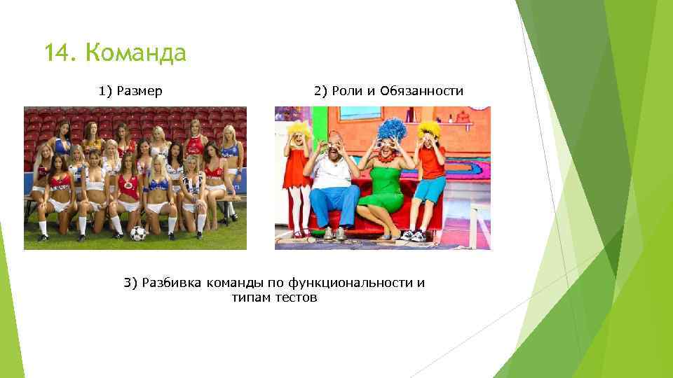 14. Команда 1) Размер 2) Роли и Обязанности 3) Разбивка команды по функциональности и