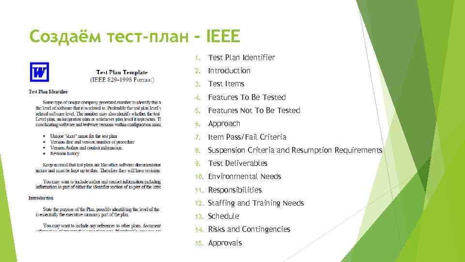 Создаём тест-план – IEEE 1. Test Plan Identifier 2. Introduction 3. Test Items 4.