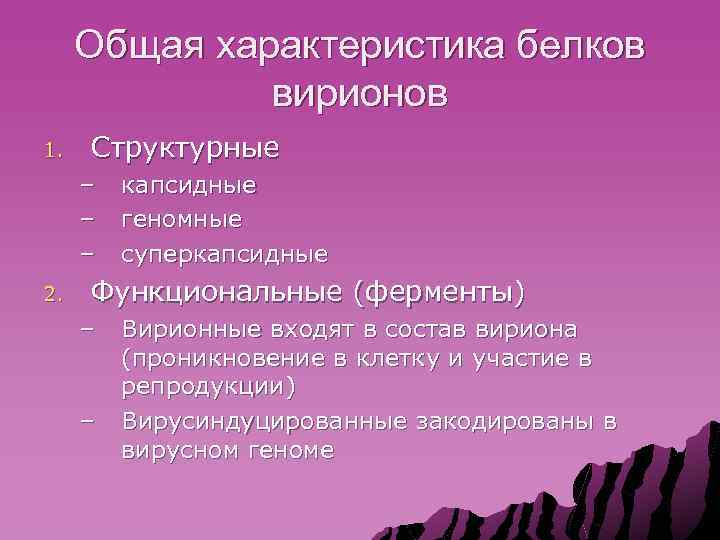 Общая характеристика белков вирионов 1. Структурные – – – 2. капсидные геномные суперкапсидные Функциональные