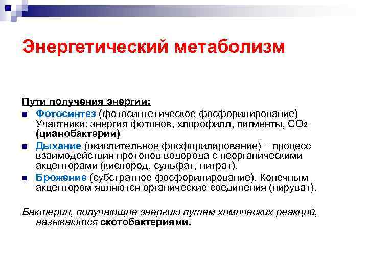 Энергетический метаболизм Пути получения энергии: n Фотосинтез (фотосинтетическое фосфорилирование) Участники: энергия фотонов, хлорофилл, пигменты,