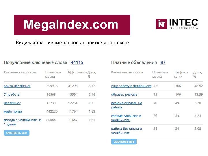 Mega. Index. com Видим эффективные запросы в поиске и контексте 