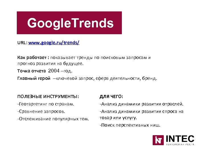 Google. Trends URL: www. google. ru/trends/ Как работает : показывает тренды по поисковым запросам