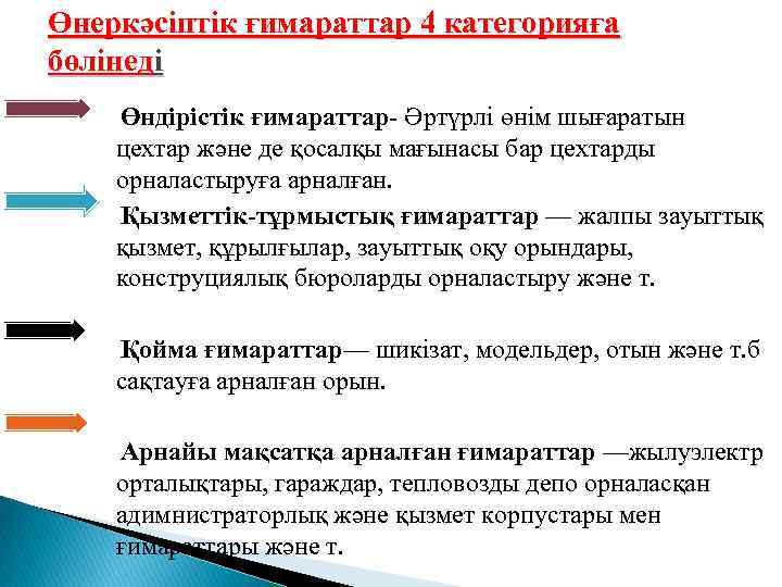 Өнеркәсіптік ғимараттар 4 категорияға бөлінеді Өндірістік ғимараттар- Әртүрлі өнім шығаратын цехтар және де қосалқы