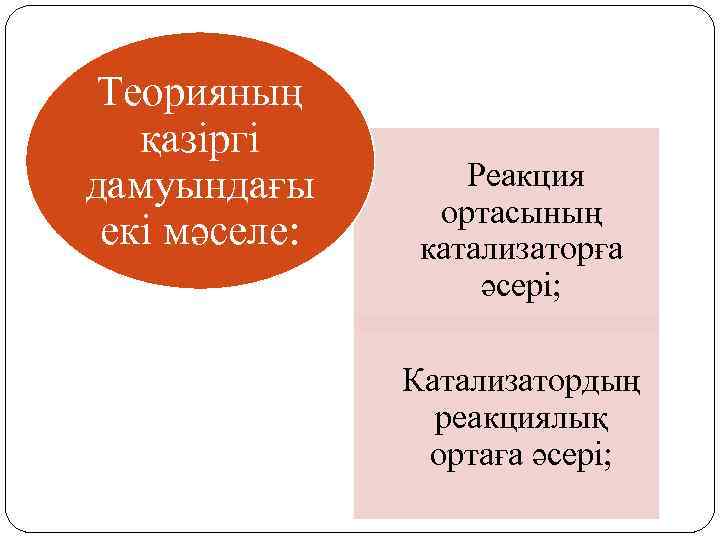 Теорияның қазіргі дамуындағы екі мәселе: Реакция ортасының катализаторға әсері; Катализатордың реакциялық ортаға әсері; 