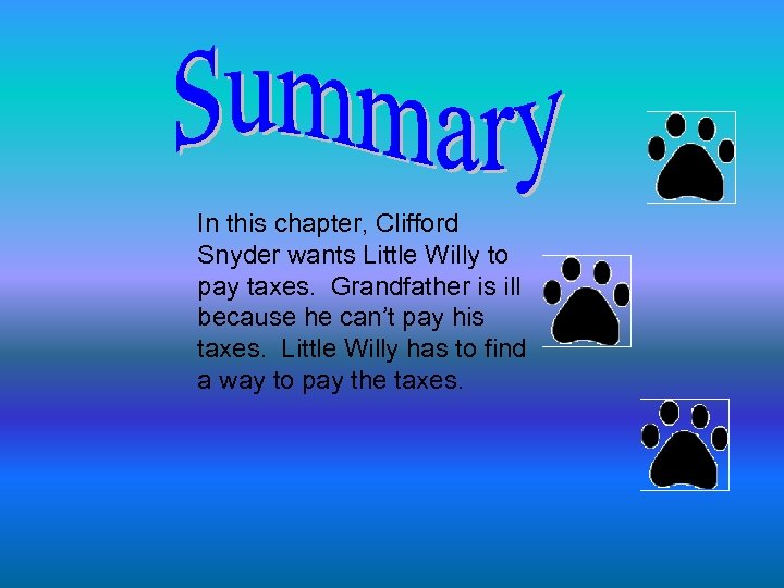 In this chapter, Clifford Snyder wants Little Willy to pay taxes. Grandfather is ill