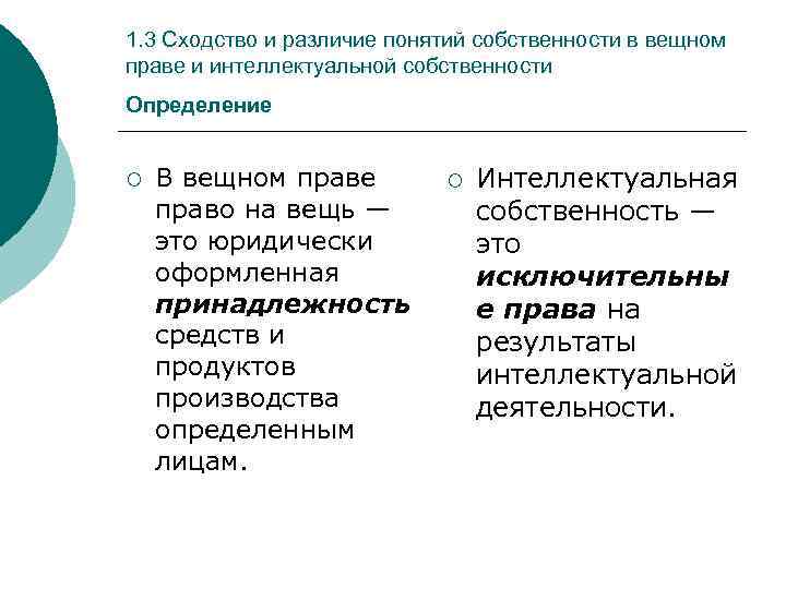 1. 3 Сходство и различие понятий собственности в вещном праве и интеллектуальной собственности Определение