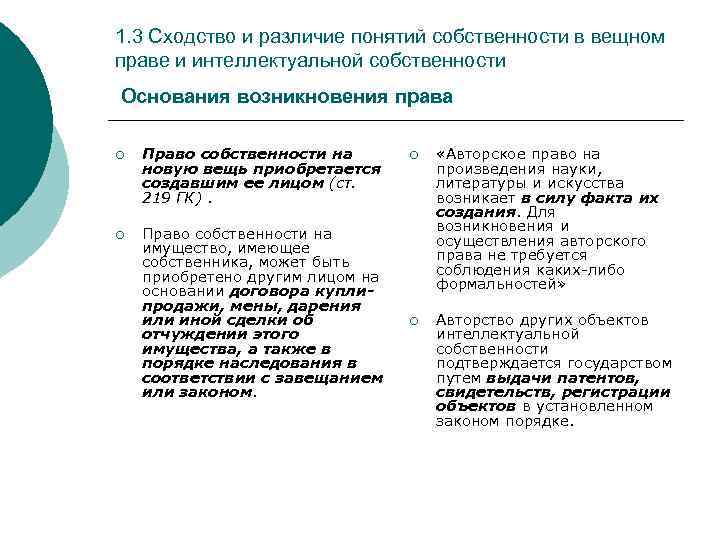 1. 3 Сходство и различие понятий собственности в вещном праве и интеллектуальной собственности Основания
