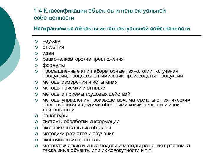 1. 4 Классификация объектов интеллектуальной собственности Неохраняемые объекты интеллектуальной собственности ¡ ¡ ¡ ¡