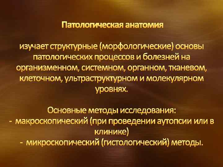 Патологическая анатомия изучает структурные (морфологические) основы патологических процессов и болезней на организменном, системном, органном,