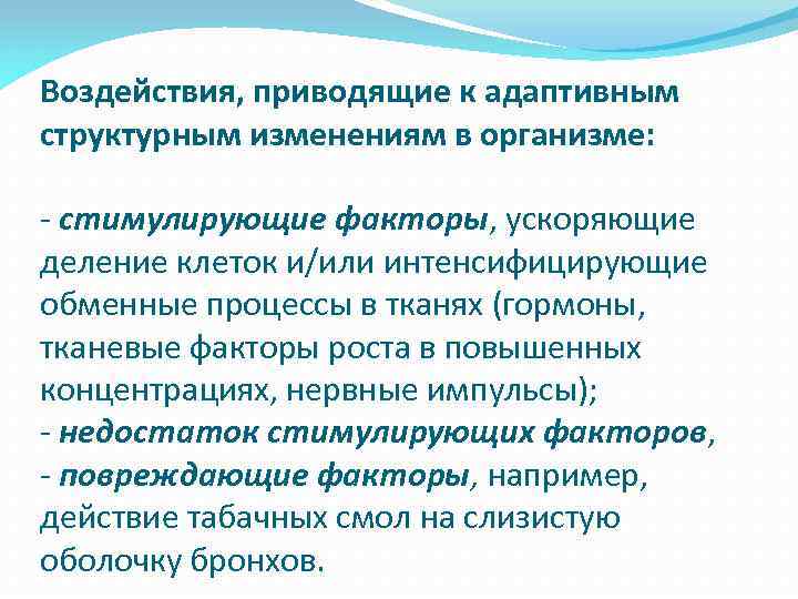 Воздействия, приводящие к адаптивным структурным изменениям в организме: стимулирующие факторы, ускоряющие деление клеток и/или