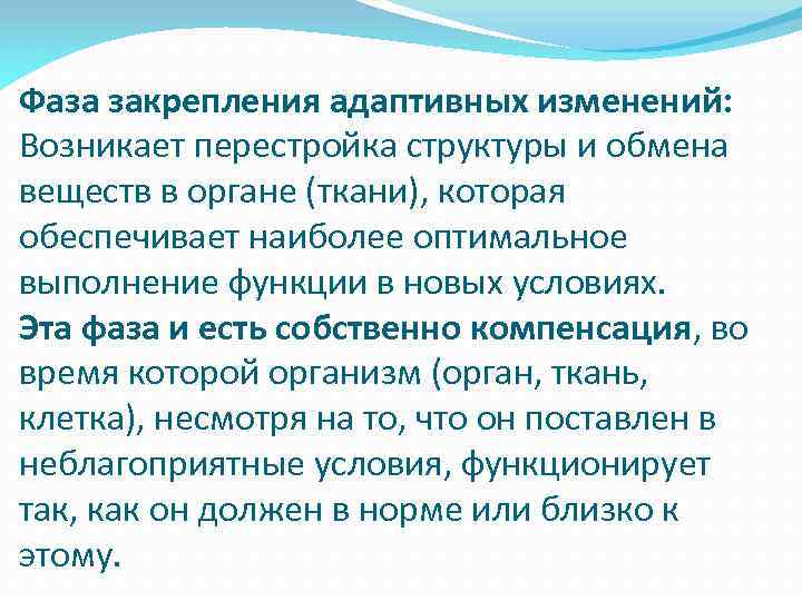 Фаза закрепления адаптивных изменений: Возникает перестройка структуры и обмена веществ в органе (ткани), которая