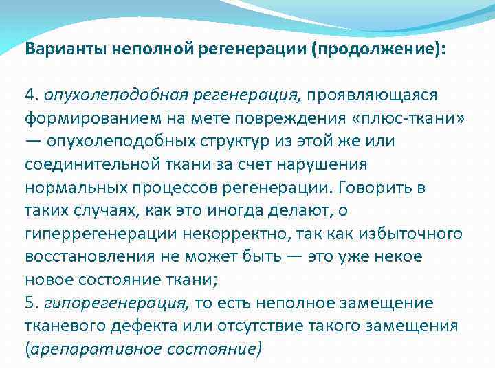 Варианты неполной регенерации (продолжение): 4. опухолеподобная регенерация, проявляющаяся формированием на мете повреждения «плюс ткани»
