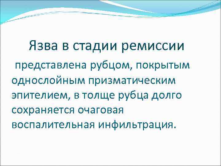  Язва в стадии ремиссии представлена рубцом, покрытым однослойным призматическим эпителием, в толще рубца