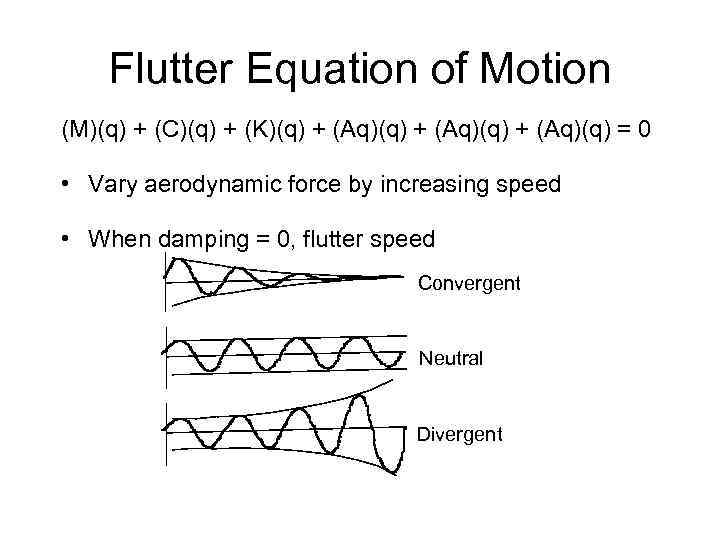 Flutter Equation of Motion (M)(q) + (C)(q) + (K)(q) + (Aq)(q) = 0 •