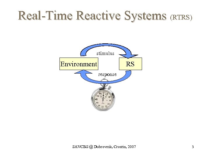 Real-Time Reactive Systems (RTRS) stimulus Environment RS response SAVCBS @ Dubrovnik, Croatia, 2007 3