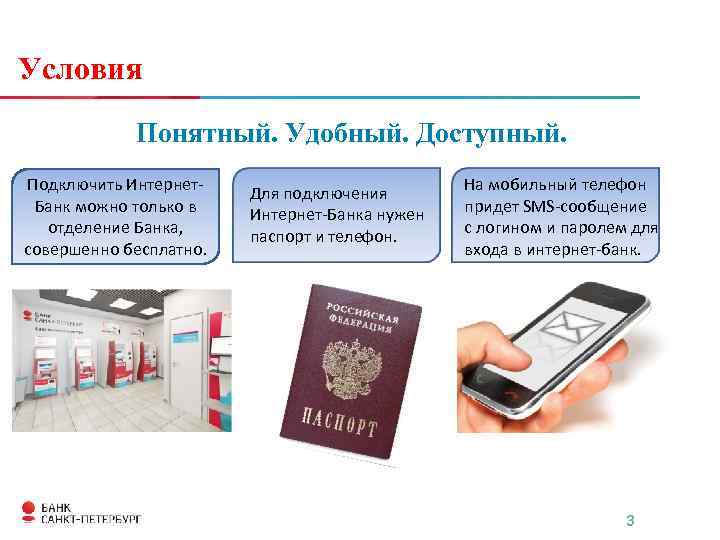 Условия Понятный. Удобный. Доступный. Подключить Интернет. Банк можно только в отделение Банка, совершенно бесплатно.