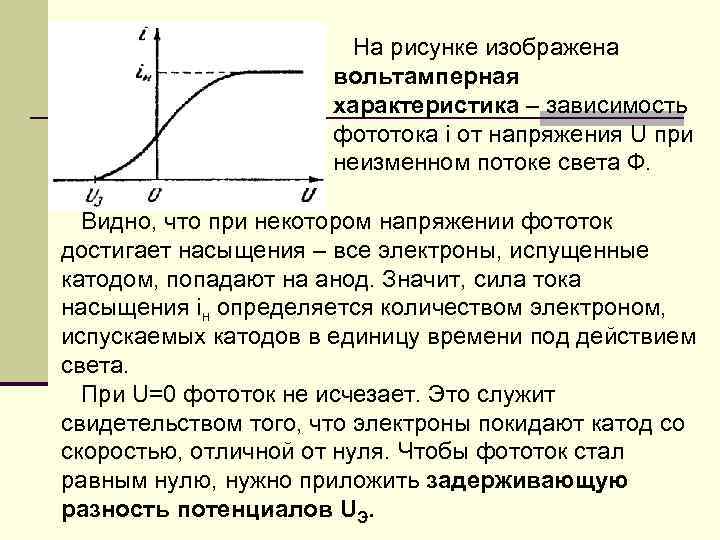 На рисунке изображена вольтамперная характеристика – зависимость фототока i от напряжения U при неизменном