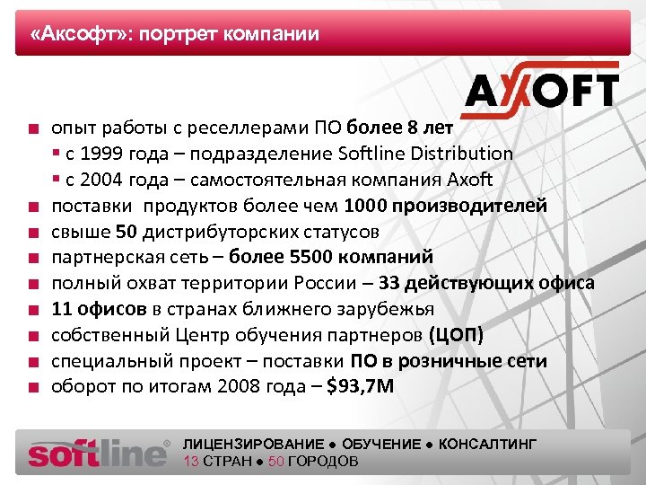  «Аксофт» : портрет компании Оазец заголовка ■ опыт работы с реселлерами ПО более