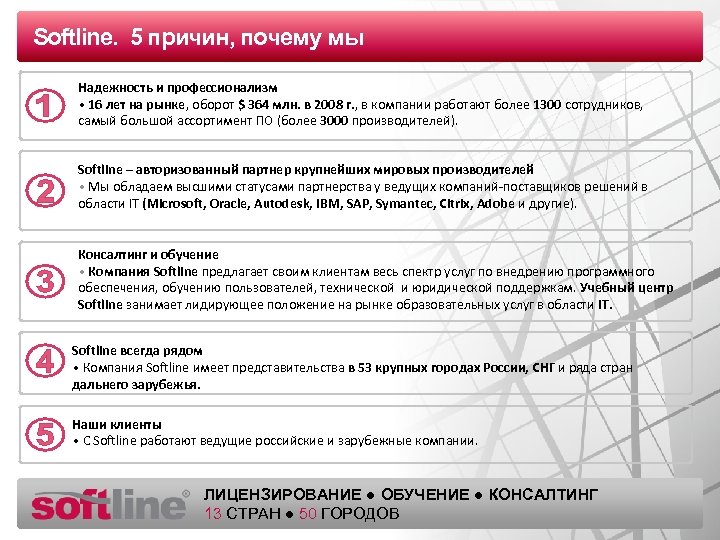 Softline. 5 причин, почему мы Оазец заголовка Надежность и профессионализм • 16 лет на
