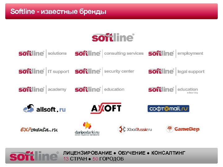 Softline известные бренды Оазец -заголовка ЛИЦЕНЗИРОВАНИЕ ● ОБУЧЕНИЕ ● КОНСАЛТИНГ 13 СТРАН ● 50