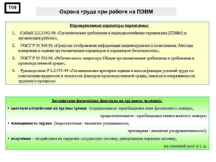 109 Охрана труда при работе на ПЭВМ Нормированные параметры определены: 1. Са. Ни. Н