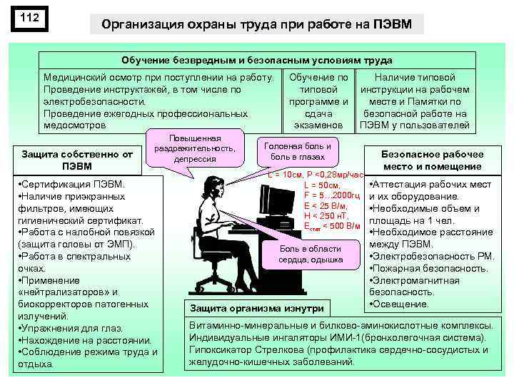 112 Организация охраны труда при работе на ПЭВМ Обучение безвредным и безопасным условиям труда