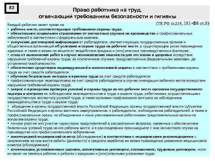 83 Право работника на труд, отвечающий требованиям безопасности и гигиены (ТК РФ ст. 219,