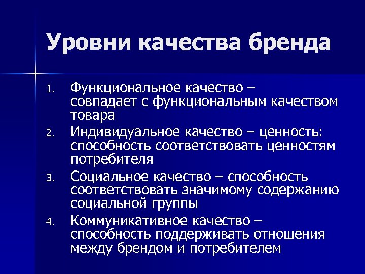 Уровни качества бренда 1. 2. 3. 4. Функциональное качество – совпадает с функциональным качеством