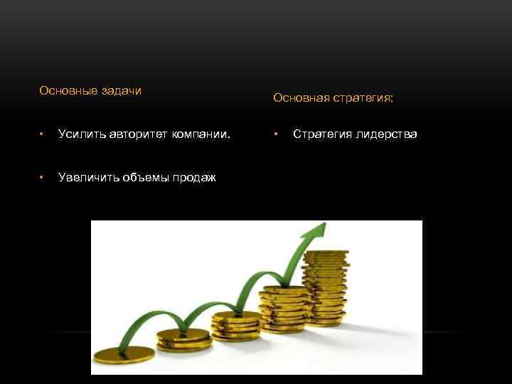 Основные задачи • Усилить авторитет компании. • Увеличить объемы продаж Основная стратегия: • Стратегия