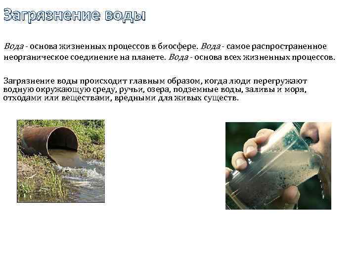 Загрязнение воды Вода - основа жизненных процессов в биосфере. Вода - самое распространенное неорганическое