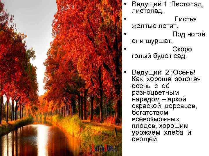  • Ведущий 1 : Листопад, листопад, • Листья желтые летят. • Под ногой