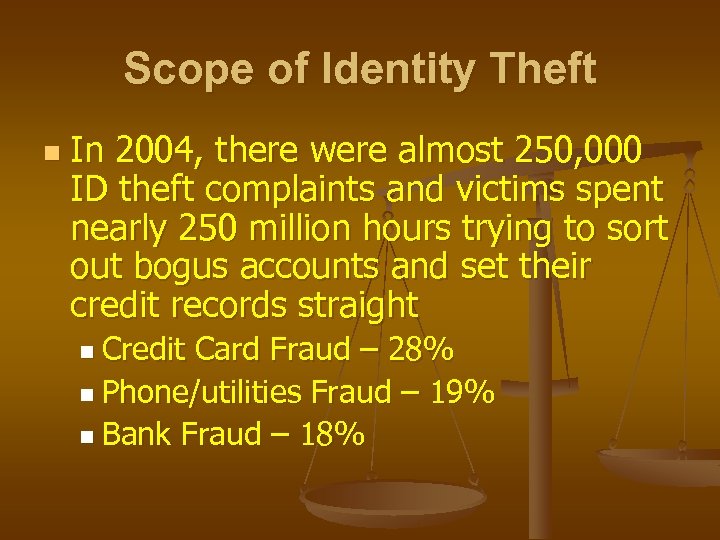 Scope of Identity Theft n In 2004, there were almost 250, 000 ID theft