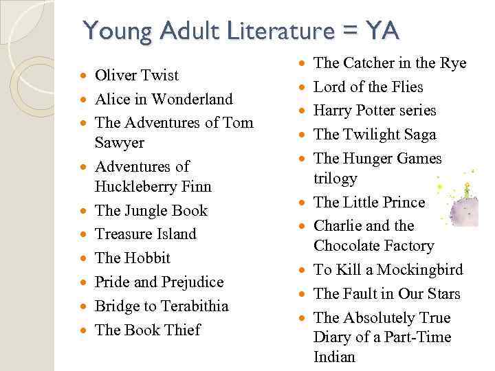 Young Adult Literature = YA Oliver Twist Alice in Wonderland The Adventures of Tom