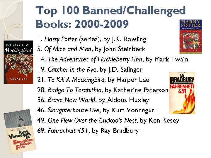 Top 100 Banned/Challenged Books: 2000 -2009 1. Harry Potter (series), by J. K. Rowling