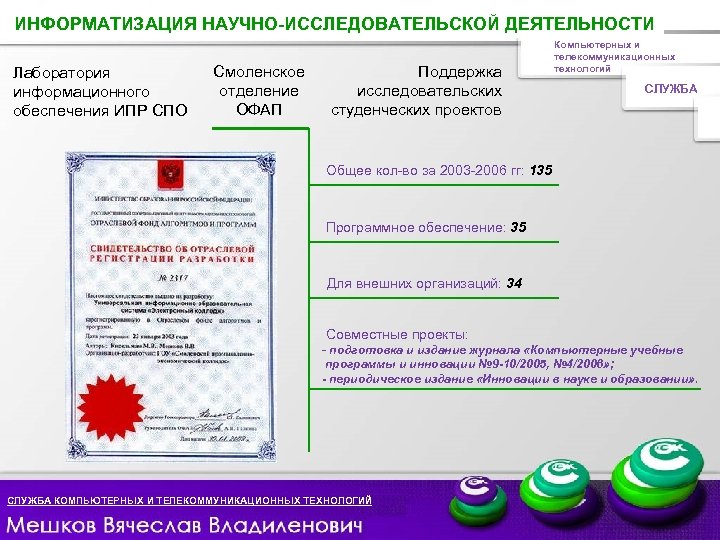 ИНФОРМАТИЗАЦИЯ СЛУЖБА Лаборатория информационного обеспечения ИПР СПО НАУЧНО-ИССЛЕДОВАТЕЛЬСКОЙ ДЕЯТЕЛЬНОСТИ Смоленское отделение ОФАП Поддержка исследовательских