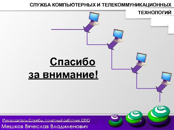 СЛУЖБА КОМПЬЮТЕРНЫХ И ТЕЛЕКОММУНИКАЦИОННЫХ ТЕХНОЛОГИЙ Спасибо за внимание! Руководитель Службы, почетный работник СПО 