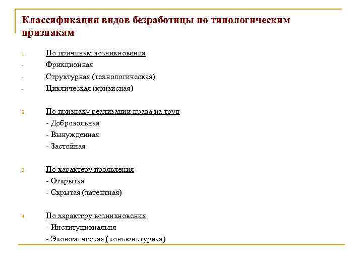 Классификация видов безработицы по типологическим признакам 1. - По причинам возникновения Фрикционная Структурная (технологическая)