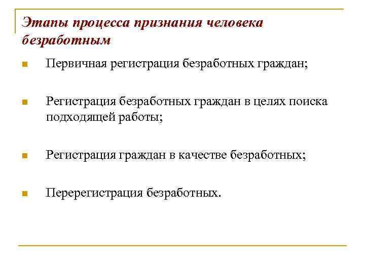 Этапы процесса признания человека безработным n Первичная регистрация безработных граждан; n Регистрация безработных граждан