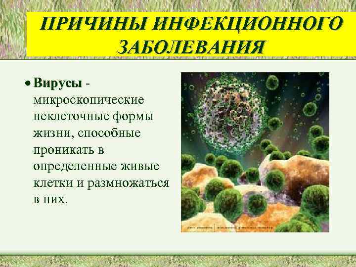ПРИЧИНЫ ИНФЕКЦИОННОГО ЗАБОЛЕВАНИЯ · Вирусы микроскопические неклеточные формы жизни, способные проникать в определенные живые