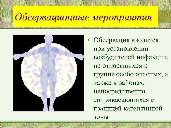 Обсервационные мероприятия • Обсервация вводится при установлении возбудителей инфекции, не относящихся к группе особо