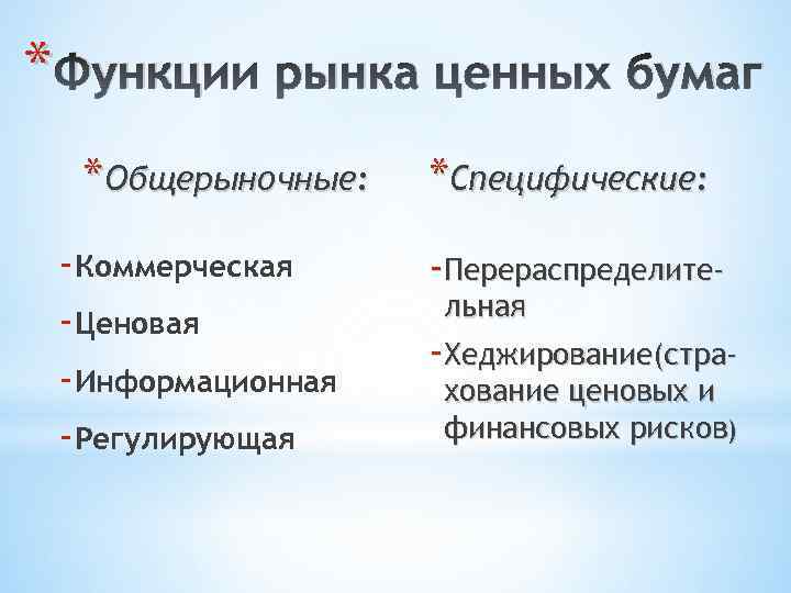 * Функции рынка ценных бумаг *Общерыночные: -Коммерческая -Ценовая -Информационная -Регулирующая *Специфические: -Перераспределительная -Хеджирование(страхование ценовых