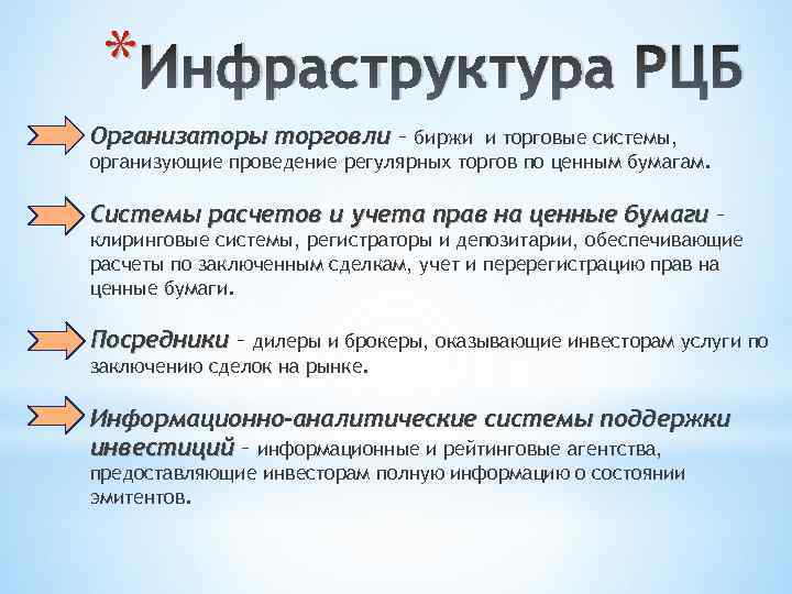 * Инфраструктура РЦБ Организаторы торговли – биржи и торговые системы, организующие проведение регулярных торгов