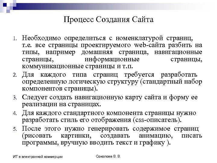 Процесс Создания Сайта 1. 2. 3. 4. 5. Необходимо определиться с номенклатурой страниц, т.
