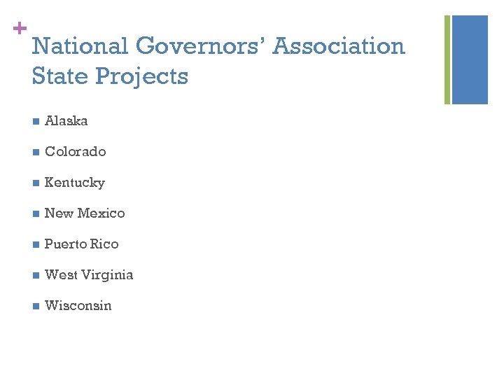 + National Governors’ Association State Projects n Alaska n Colorado n Kentucky n New