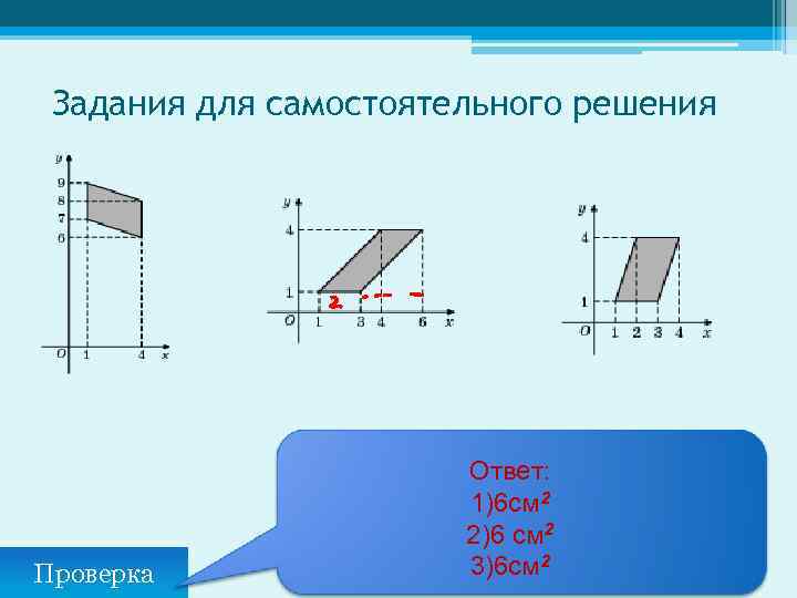 Задания для самостоятельного решения Проверка Ответ: 1)6 см 2 2)6 см 2 3)6 см