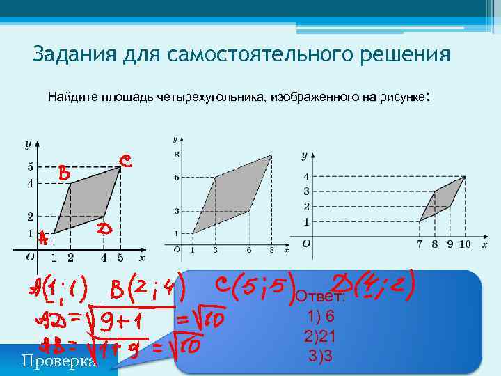 Задания для самостоятельного решения Найдите площадь четырехугольника, изображенного на рисунке: Проверка Ответ: 1) 6